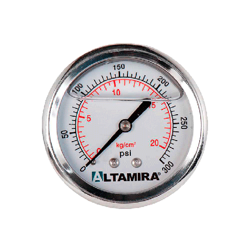 [MAN0-300GBM] Manómetro con glicerina de 0-300 PSI Altamira con rosca NPT macho de 1/4" en bronce y caratula de 2.5" en acero inoxidable conexión trasera