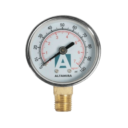 [MAN0-100G] Manómetro con glicerina de 0-100 PSI Altamira con rosca NPT macho de 1/4" en bronce y caratula de 2.5" en acero inoxidable conexión inferior